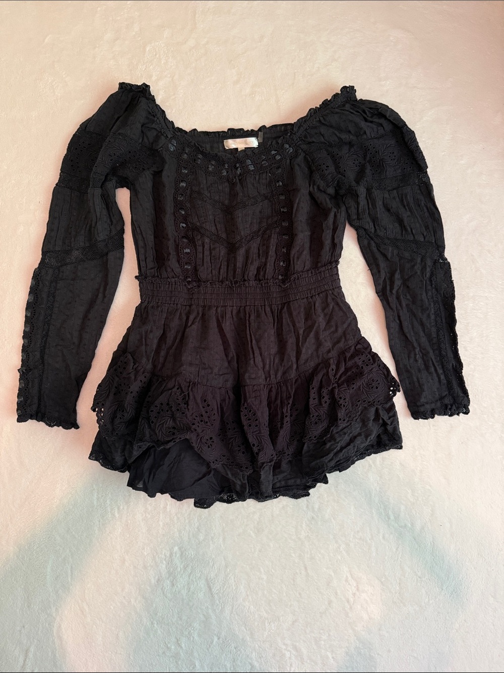 Love Shack Fancy Black Sanaya Cotton Eyelet Lace Mini Dress M
